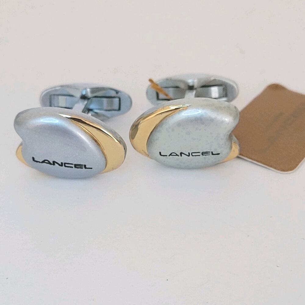 Lancel French‎ Cufflinks Set Silver Gold Tone Logo Geometric Vintage New